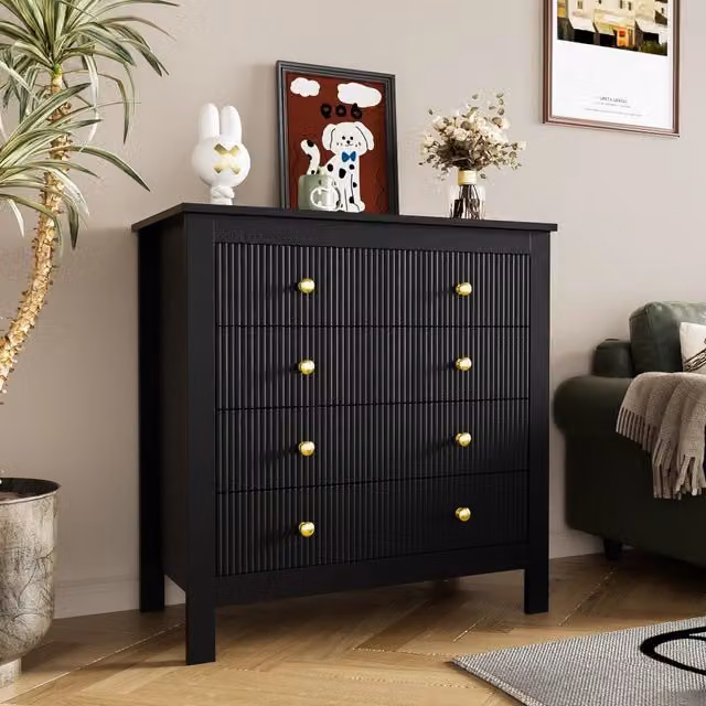 Cassettiera con 5 cassetti strutturati e maniglie dorate in pannello truciolare nero 79 × 80;5 × 39;5 cm