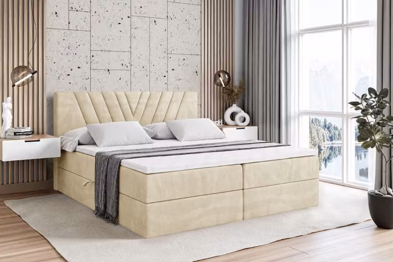 Letto boxspring ALTDECOR ERNINA, letto imbottito con testiera e contenitore - Materasso di media rigidità (H3) - 120x200 - Velluto beige