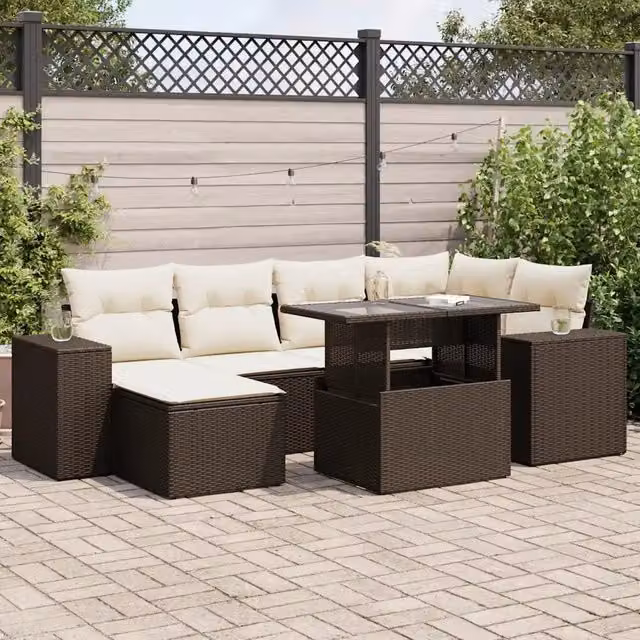 Set Divani da Giardino 7 pz con Cuscini Marrone in Polyrattan 3326834