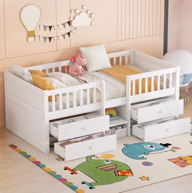 Letto rialzato 90x200 cm con 4 cassetti; sponde di sicurezza e scala; bianco