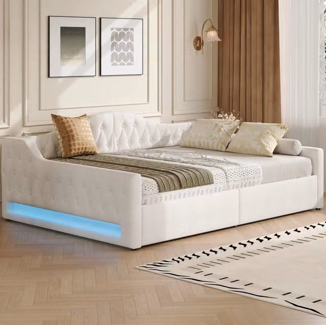 Letto matrimoniale moderno imbottito in tessuto beige con vano contenitore a sollevamento e illuminazione LED sotto il letto L/P/H: 140 x 200 x 76,9 cm
