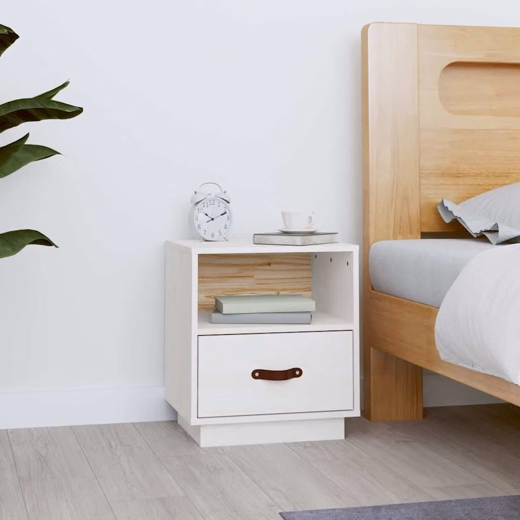 Comodino vidaXL in legno massello di pino bianco, stile moderno, L: 40 cm, P: 34 cm, H: 45 cm