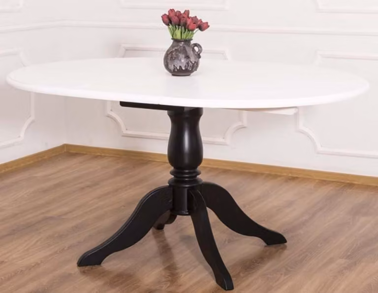 Casa Padrino tavolo da pranzo in stile country bianco / nero Ø 120 x h. 78 cm - Tavolo da cucina rotondo allungabile in legno massello - Mobili per sala da pranzo in stile country