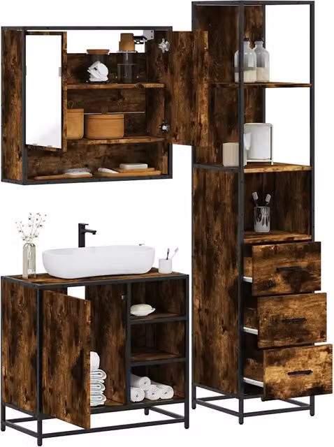 Set Mobili da Bagno 3 pz Rovere Fumo in Legno Multistrato 3301177