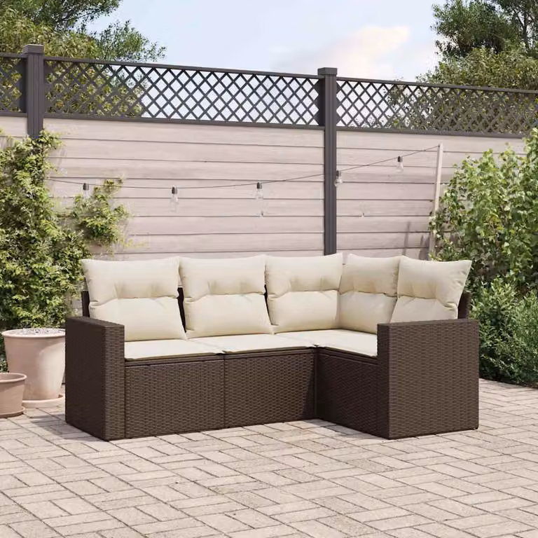 vidaXL Set Divano da Giardino 4 pz a L in Polyrattan Marrone e Bianco con Cuscini Imbottiti e Coperture Rimovibili