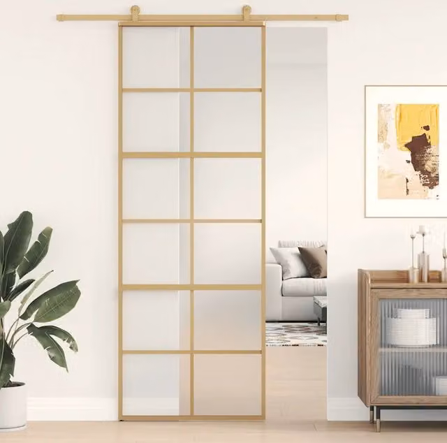 Porta Scorrevole vidaXL in Alluminio e Vetro Smerigliato Dorata L: 76 cm, H: 205 cm