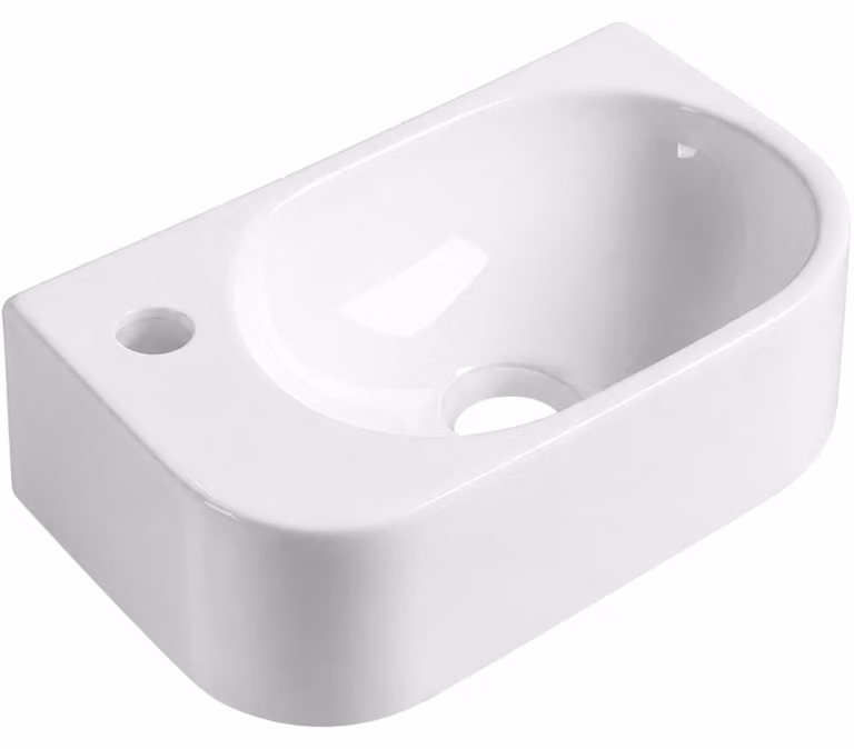 Lavabo in Vetroceramica Nela, modello sospeso, lato sinistro, bianco lucido, dimensioni 40x21,5 cm
