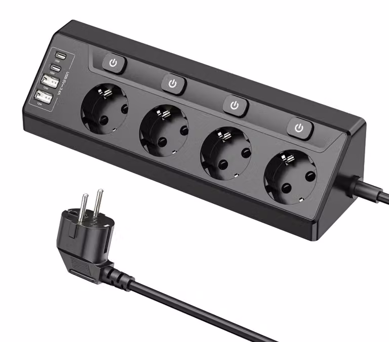 Prese multiple angolari con USB, 4 prese, con interruttore, cavo da 2 metri, colore nero