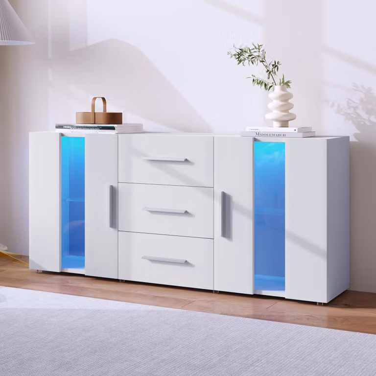Cassettiera Merax con illuminazione a LED incl. telecomando, credenza con 2 ante e 3 cassetti, credenza TV credenza mobile, larghezza 140cm