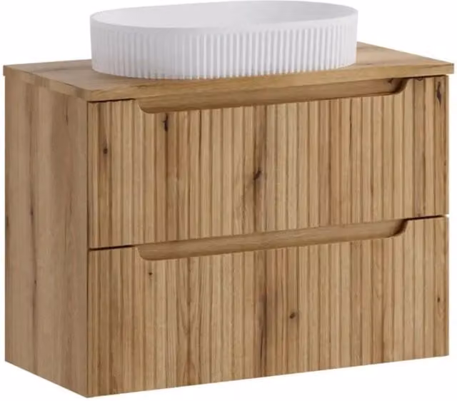 Set VANO in rovere chiaro 80cm: mobile sotto lavabo con cassetti + piano per lavabo + lavabo da appoggio bianco scanalato