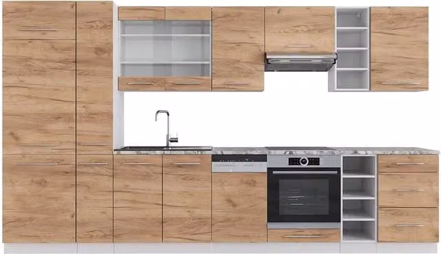Cucina componibile moderna Fame-Line Vicco in rovere e bianco con piano in marmo, L: 355 cm