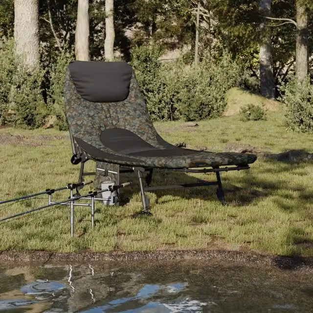 Letto da pesca pieghevole vidaXL con gambe regolabili anti fango e poggiatesta regolabile mimetico verde e nero – 1