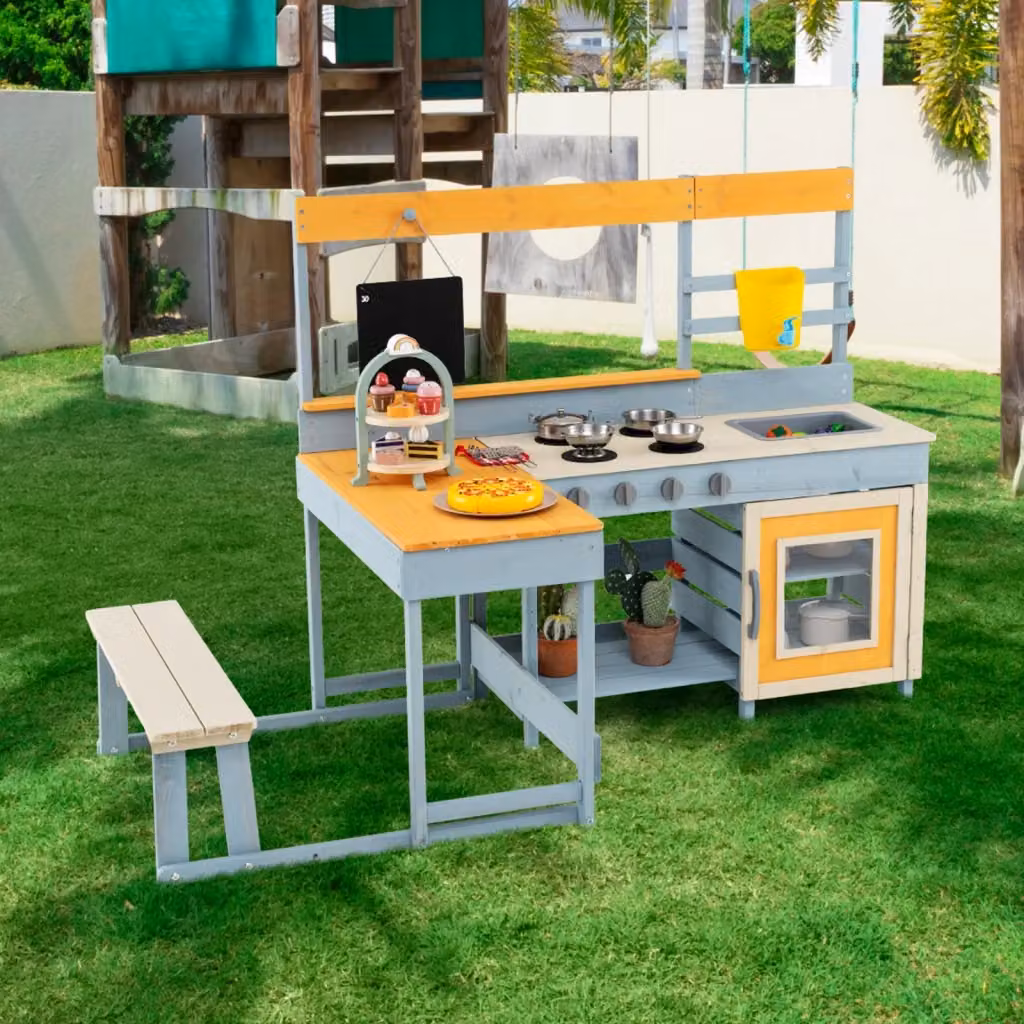 Set cucina da esterno in legno con tavolo da picnic e panca integrata e accessori multicolore per bambini – 2