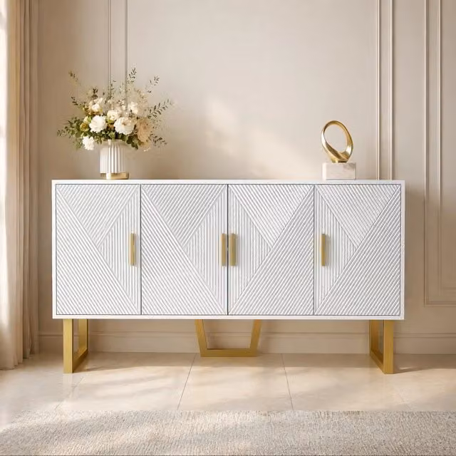 Madia a 4 ante con ripiani regolabili in MDF e pannello truciolare bianca con frontali lucidi 150 × 40 × 82 cm