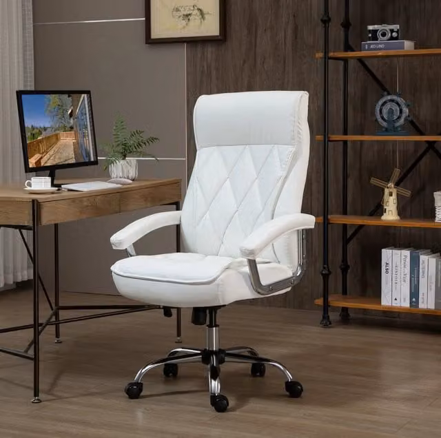 Sedia da ufficio ULEVR bianca in similpelle, regolabile in altezza, girevole con funzione oscillante