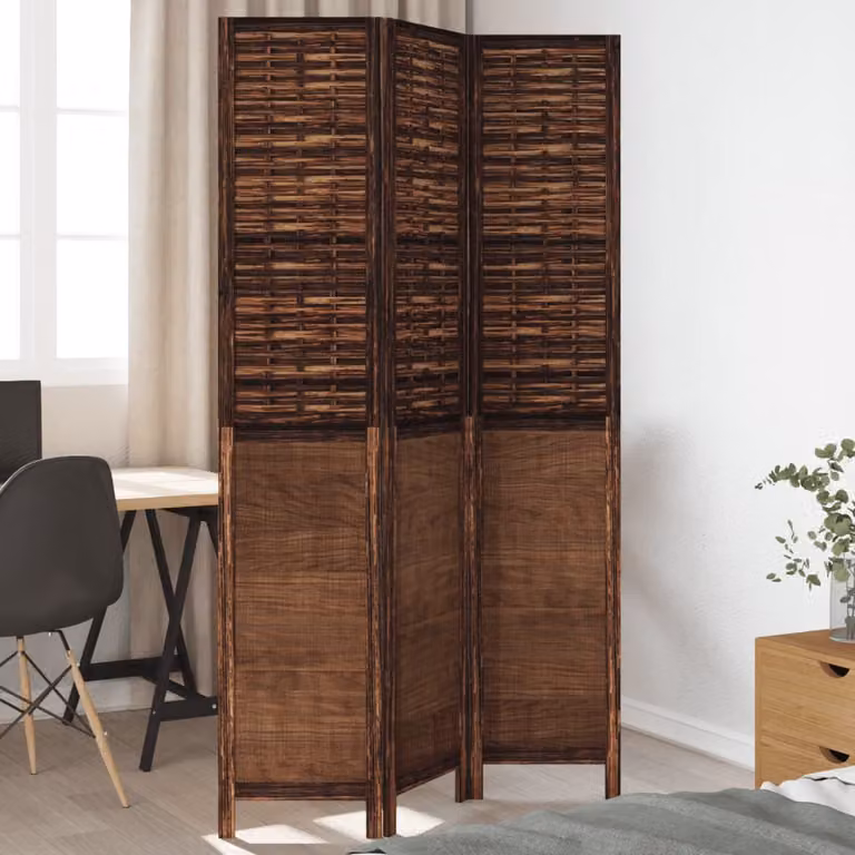 Divisorio Ambienti vidaXL in Legno di Paulownia Massello con 3 Pannelli Geometrici, Marrone Scuro, H: 200 cm, L: 110 cm, P: 3 cm