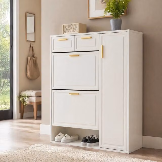 Scarpiera moderna Mivray bianca con cassetti e vani aperti, L: 95 cm, P: 24 cm, H: 107.5 cm