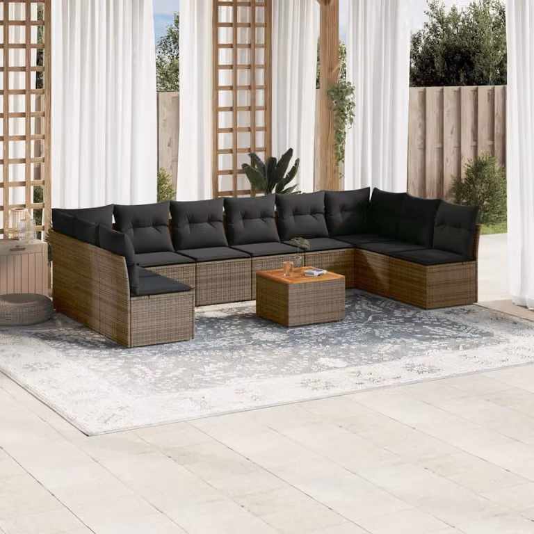 vidaXL Set Divani da Giardino 11 pz in Polyrattan Grigio con Cuscini e Tavolino da Caffè