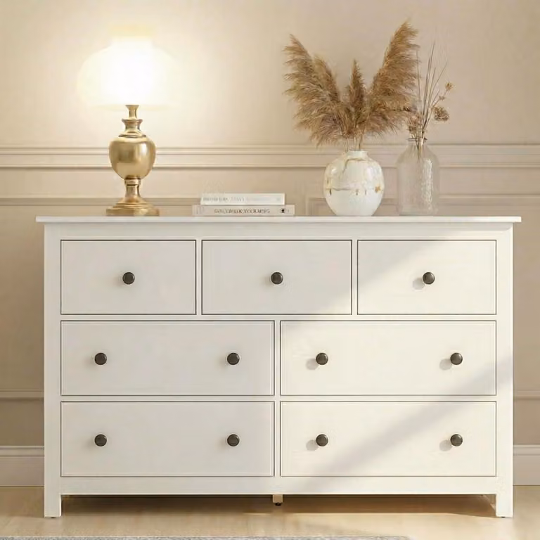 Comodino con 7 cassetti, 152 cm, mobile contenitore per il soggiorno, colore bianco