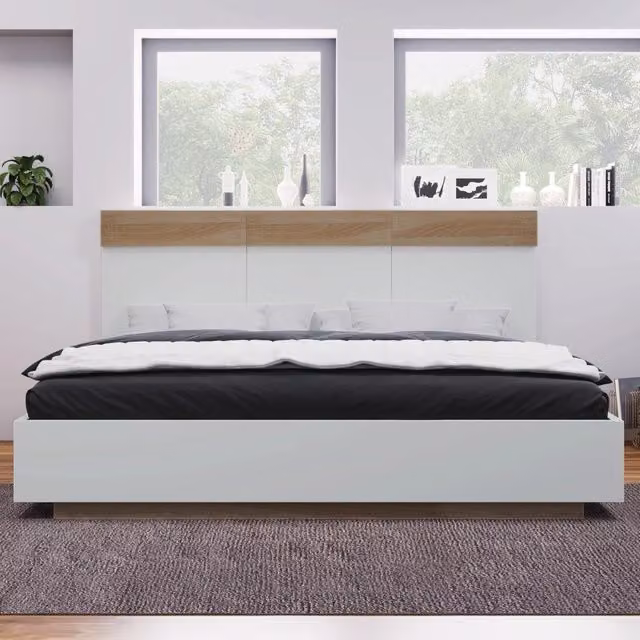 Letto matrimoniale flottante WISHDOR con testiera e rete a doghe, effetto rovere e bianco, L/P/H: 140 x 200 x 90,5 cm