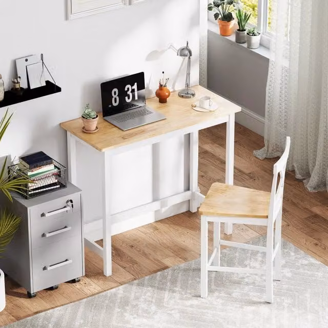 Tavolo alto moderno REDOM in legno di caucciù, colore rovere e bianco, L: 108 cm, P: 48 cm, H: 91 cm – 1