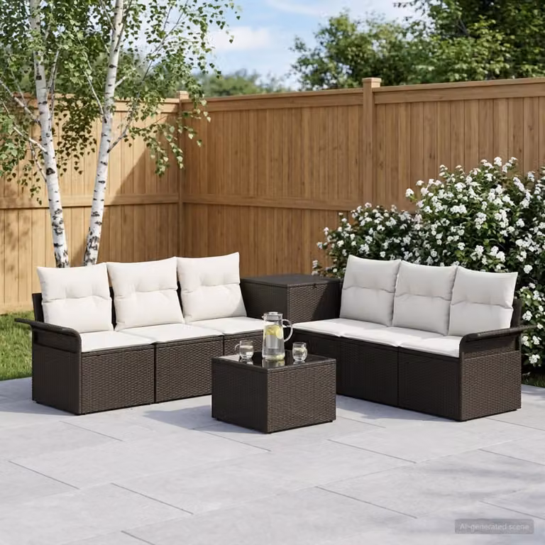 Set di divani da giardino vidaXL a forma di U con tavolo da caffè, colore nero e bianco, struttura in metallo e cuscini inclusi