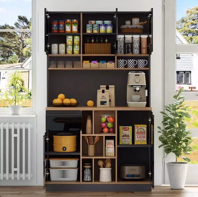 Credenza alta da cucina con 3 aree; piano 105x45 cm; MDF; nero antracite e nero lucido
