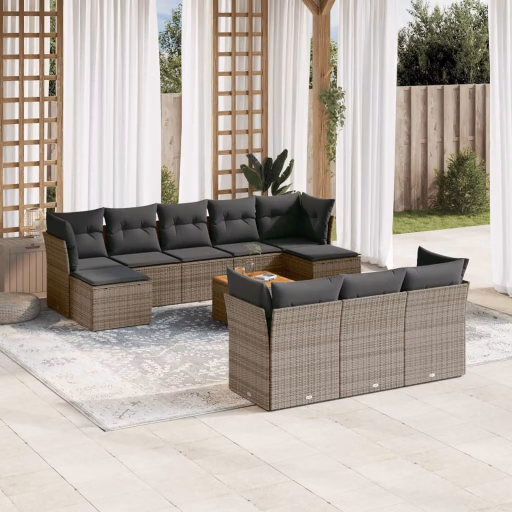 vidaXL Set Divani da Giardino 11 pz in Polyrattan Grigio con Cuscini e Tavolino da Esterno – 1