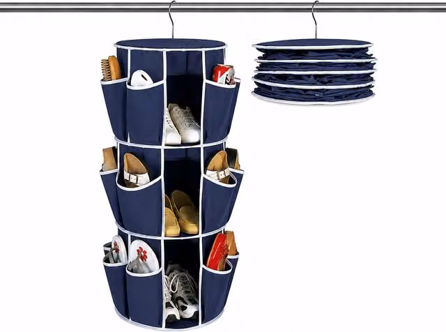 Porta scarpe rotondo Wenko con appendiabiti a 3 piani in plastica blu