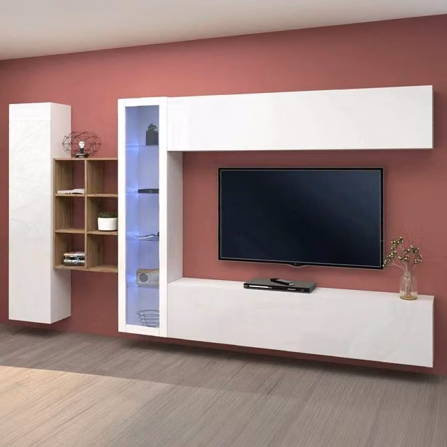 Parete Attrezzata Mobile Soggiorno Alessano DMORA Bianco Lucido L: 280 cm, P: 30 cm, H: 180 cm