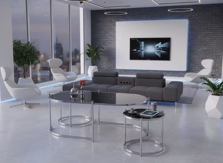 Tavolino da salotto moderno, minimalista, grigio, elegante, di classe e confortevole