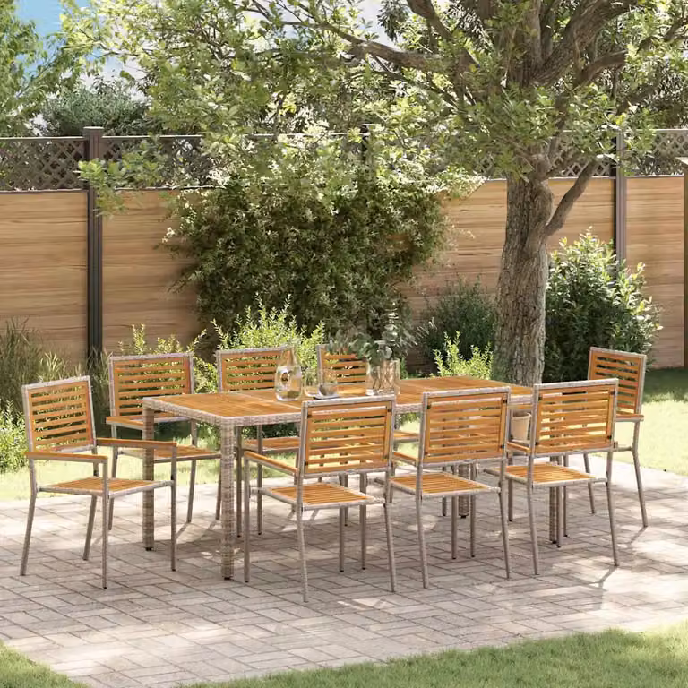 Set da pranzo per giardino vidaXL in polyrattan da 9 pezzi, colore grigio e marrone con tavolo in legno di acacia