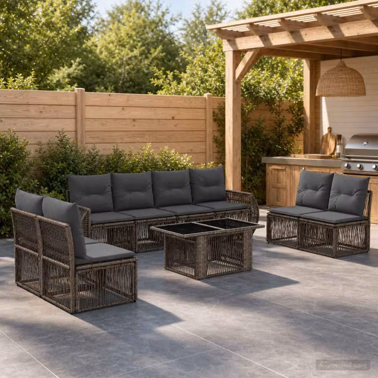 Set Divano da Giardino vidaXL 9 pz in Polyrattan Grigio e Antracite con Tavolino e Cuscini