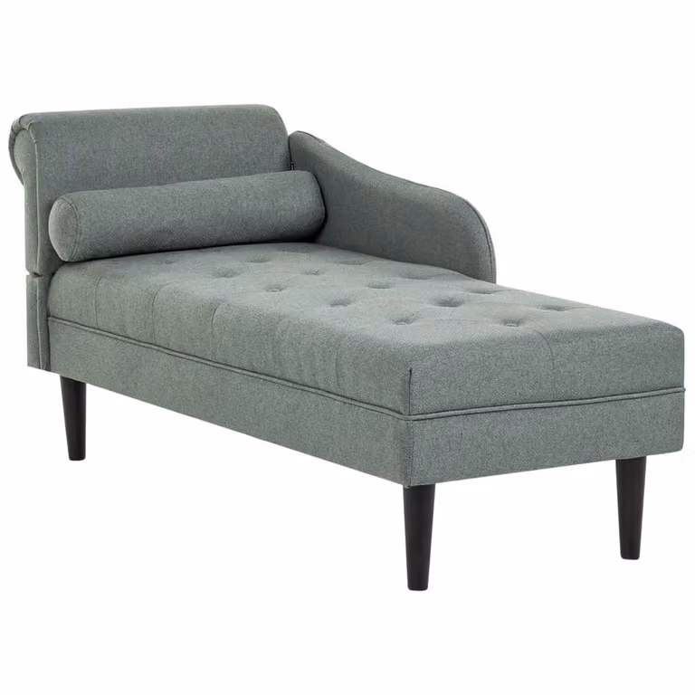 Divano angolare a L con chaise longue sinistra BELIANI in tessuto verde e grigio, imbottito con schiuma e dotato di cuscini, con struttura in legno massiccio, L/P/H: 228 x 151 x 72 cm