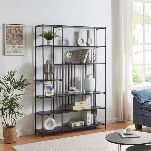 Libreria Rælingen en.casa con ripiani aperti in metallo e MDF, colore nero opaco, H 180 x L 120 x P 33 cm