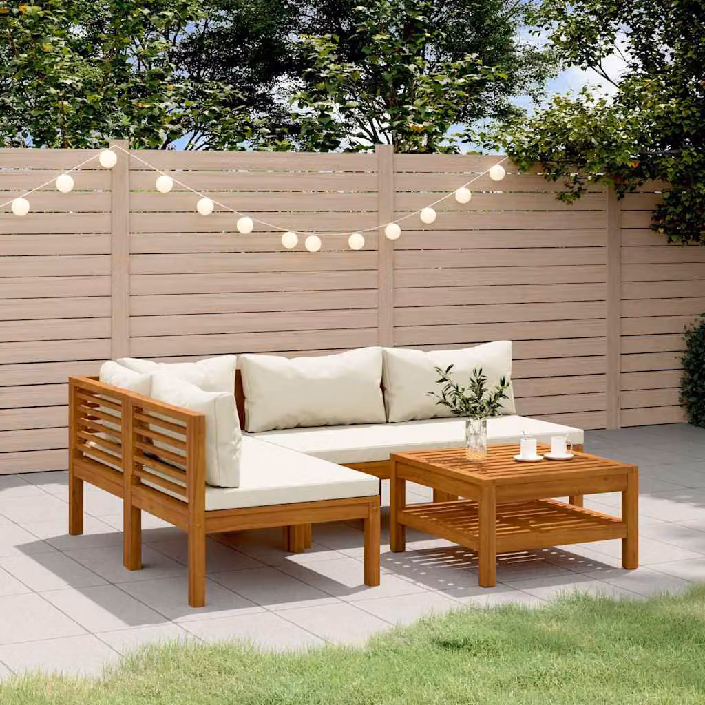 Set da giardino vidaXL composto da 5 pezzi in legno di acacia con cuscini beige e tavolino da esterno a forma di L