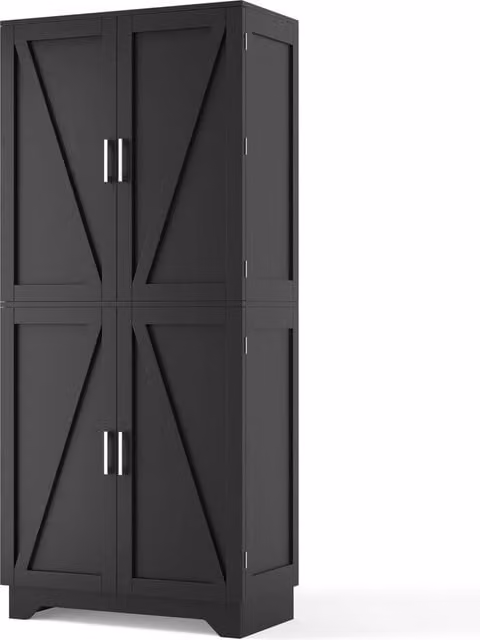 Mobile alto con 4 ante a battente a effetto fienile, dispensa con portabottiglie e ripiani, 80×40×180 cm