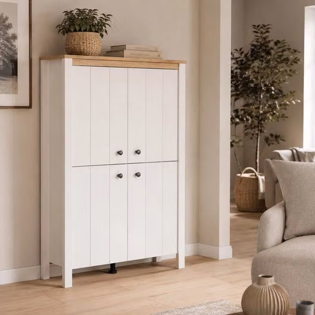 Mobile Espositore Vetrina Fonz DMORA con Ante in Vetro e Ripiani Interni, L: 86 cm, P: 34 cm, H: 131 cm, Bianco e Rovere