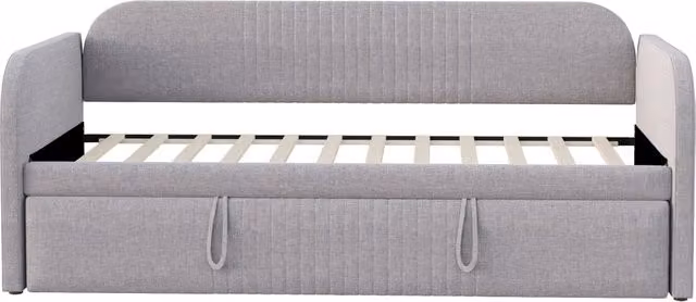 Divano letto 2 posti convertibile 90×190 e 180×190 cm; senza materasso; in lino; grigio chiaro