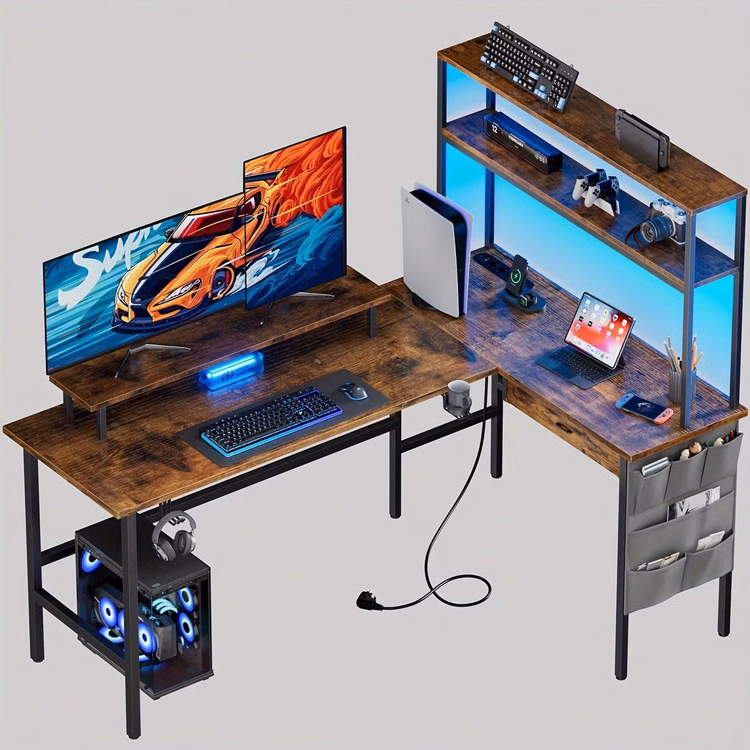 Scrivania angolare ergonomica - Scrivania a forma di L - Scrivania per computer - Scrivania da gaming - Scrivania con illuminazione a LED