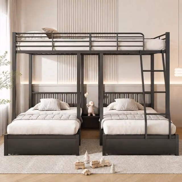 Letto a castello triplo in metallo con 2 cassetti; 140x200 cm e 2 letti 90x200 cm; nero