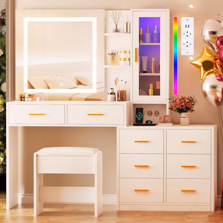 Comò da trucco con illuminazione a LED e sgabello, bianco, 131 cm, 8 cassetti, prese di corrente, ripiano RGB
