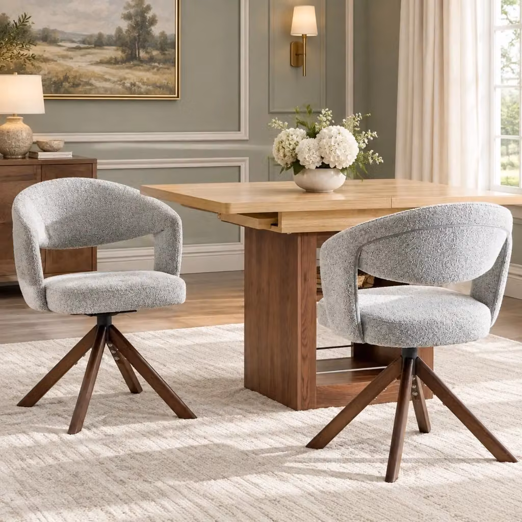 Set di 2 sedie da pranzo girevoli MIVRAY in tessuto grigio chiaro con gambe in legno e schienale curvo L: 49 cm, P: 46 cm, H: 81,5 cm – 2