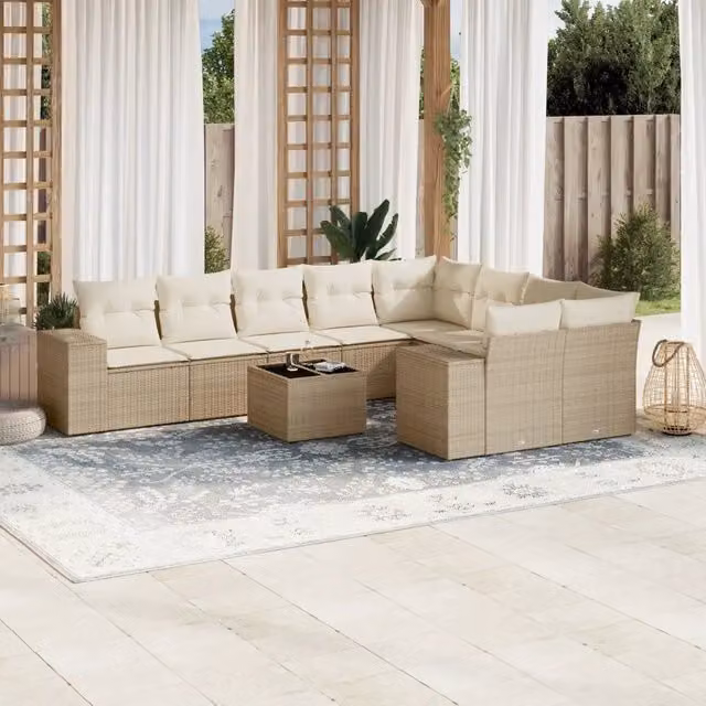 Set Divano da Giardino VIDAXL in Polyrattan con 10 Cuscini Beige Moderno