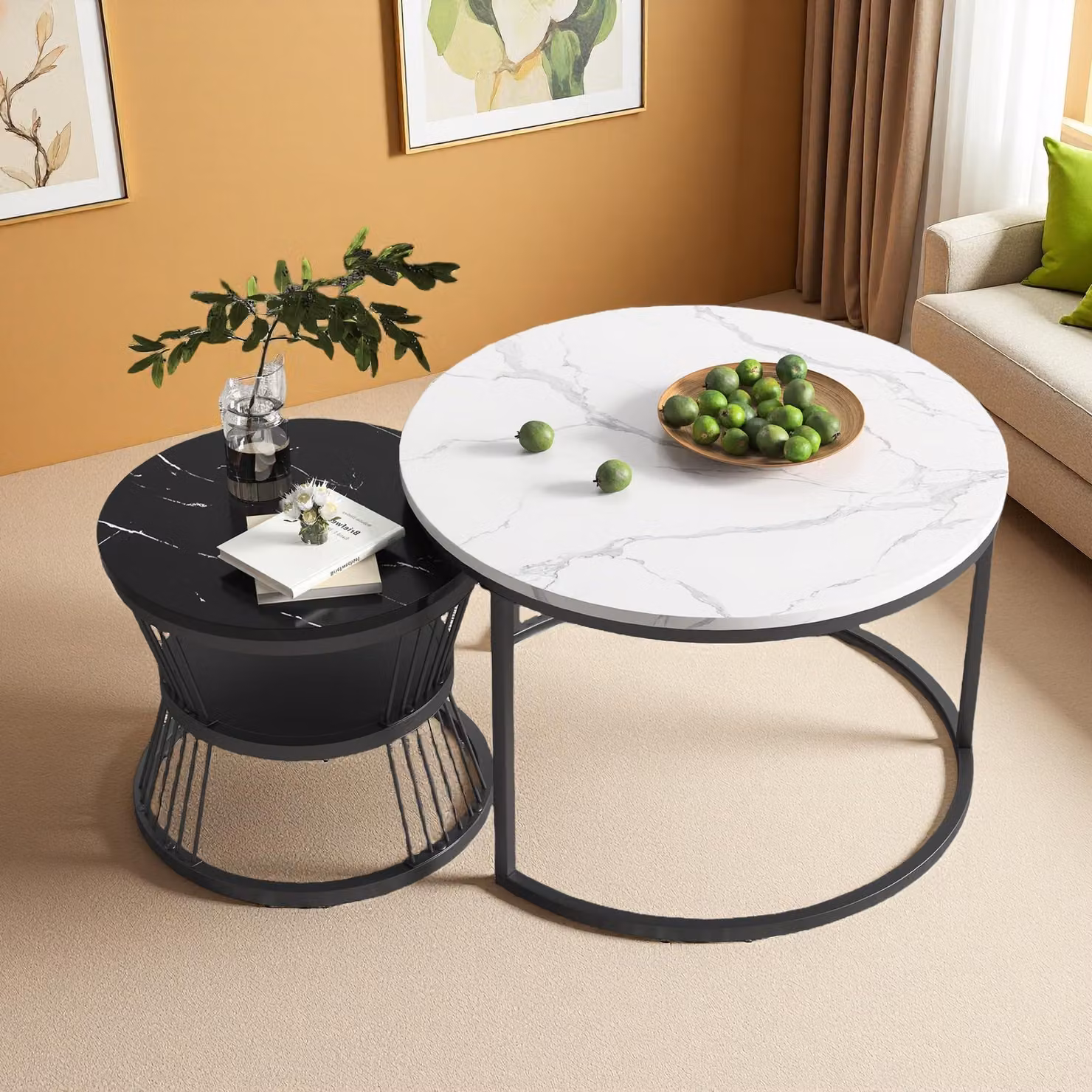Set di 2 tavolini da caffè moderni, rotondi, con spazio contenitivo