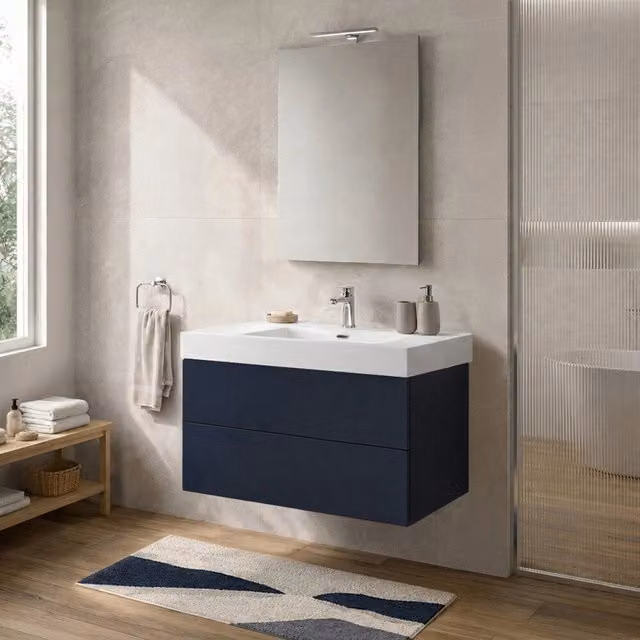 Mobile bagno sospeso INBAGNO Tierra blu con due cassetti push-pull e lavabo in resina L: 100 cm, P: 50 cm, H: 45 cm