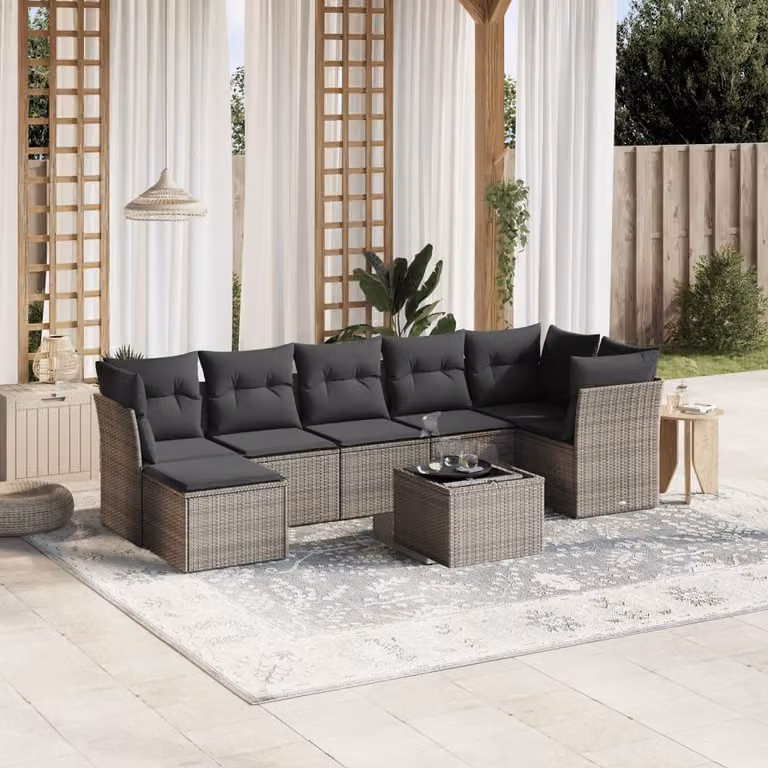 vidaXL Set Divano da Giardino a L con 8 Pezzi, Polyrattan e Cuscini Grigio con Tavolino e Ottoman