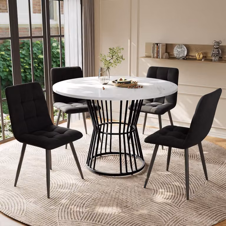 Set tavolo da pranzo Sweiko (5 pezzi), set tavolo da pranzo con 4 sedie, set tavolo da cucina, tavolo da pranzo rotondo con diametro di 100 cm e gambe in metallo nero, piano del tavolo in MDF bianco, sedie da pranzo in velluto nero