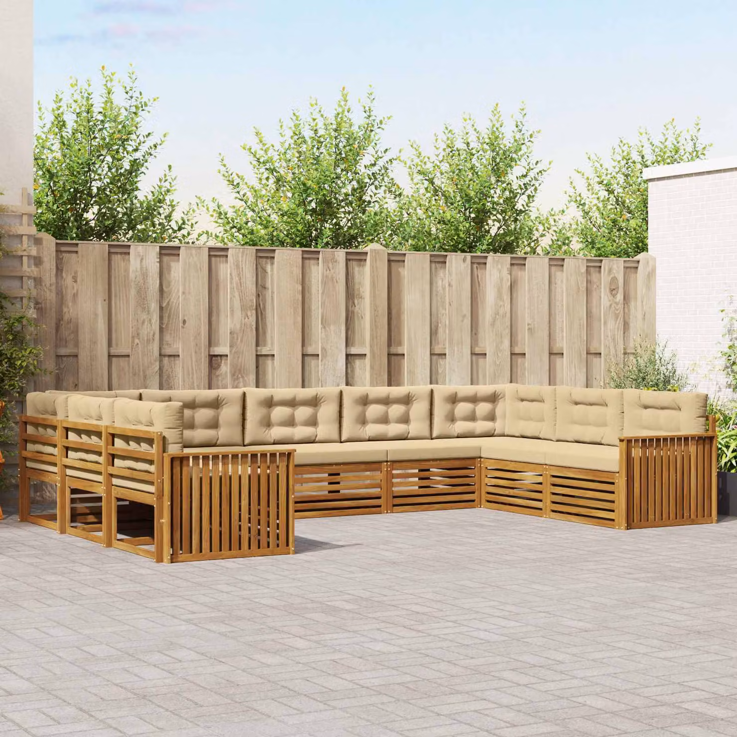 Set di divani da esterno vidaXL in legno di acacia con cuscini, design moderno a L, colore beige e marrone