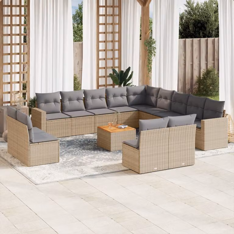Set di divani da giardino vidaXL a forma di L in polyrattan beige con cuscini e tavolino da esterno